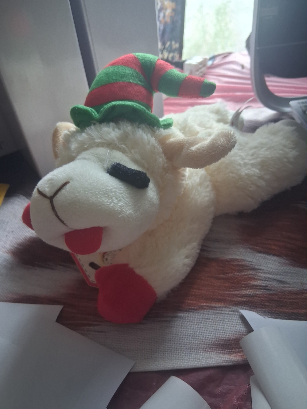 Plush Lamb Dog Toy with Red & Green Holiday Hat